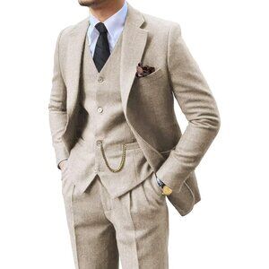 Men's Beige 3 Piece Tweed Herringbone Slim Fit Groom Tuxedos Set Prom Suits